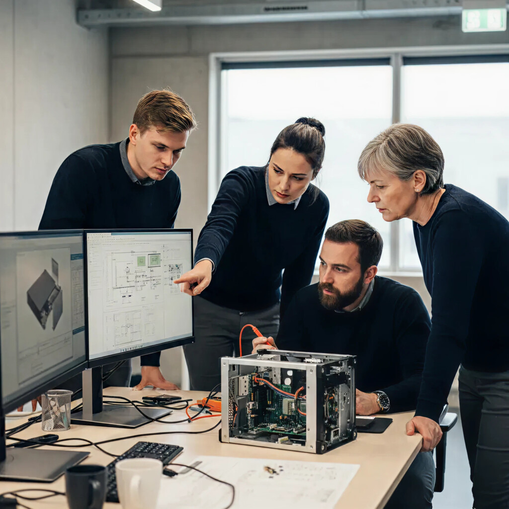 People collaborating around a screen